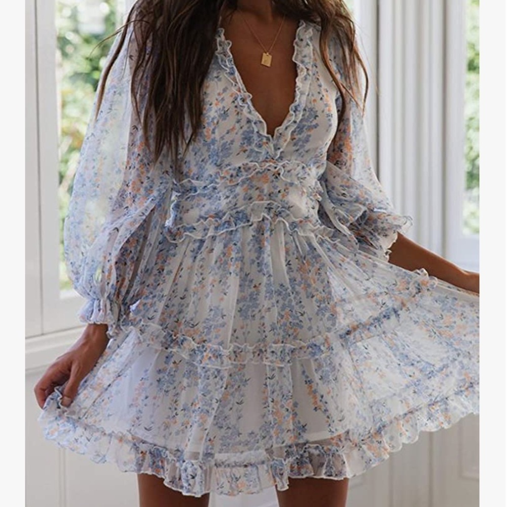 V Neck Long Sleeve Open Back Printed Mini Dress - Picture 2 of 8